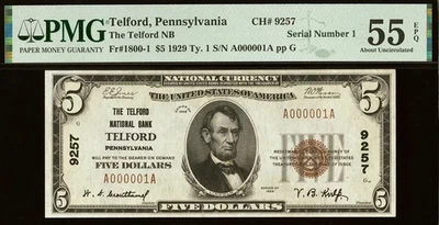 $5 1929 National Ch #9257 TELFORD, PA SERIAL NUMBER ONE A000001A PMG AU 55EPQ - Image 1 of 2