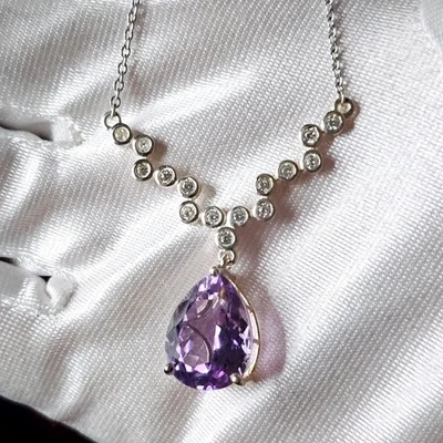 Womens 925 Sterling Silver Amethyst & Zircon Cocktail Pendant Necklace 20" 7.2g - Image 1 of 4