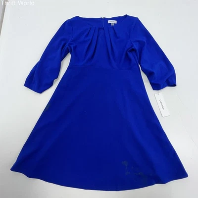 Calvin Klein NWT Blue Pleated Neck A-Line 3/4 Sleeve Dress Women's 8 - Image 1 of 4