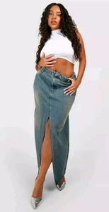 BOOHOO Vintage Wash Split Front Denim Maxi Skirt Distressed Look NEW UK16 - Picture 1 of 7