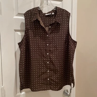 Blusa Susan Graver Tank Sin Mangas Botón Marrón Polkadot���� Cuello en V Talla 20w Foto 1 de 3