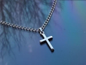 Mens small silver cross pendant necklace on 3mm stainless chain by Hudegate - Picture 1 of 6