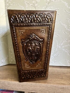 VTG Italian Leather Waste Basket Trash Can Hand Tooled Embossed Folds Flat - Picture 1 of 15