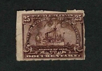US Revenue 1898 R169 Battleship Documentary Tax Stamp 25c Cut Cancel Used - Image 1 of 2