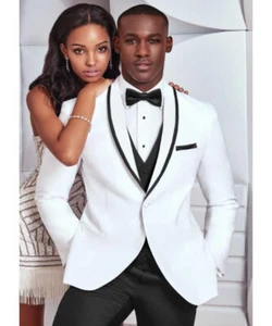 Modern Fit White Shawl Tuxedo with Black Satin Trim and Black Tuxedo Pants - Picture 1 of 1