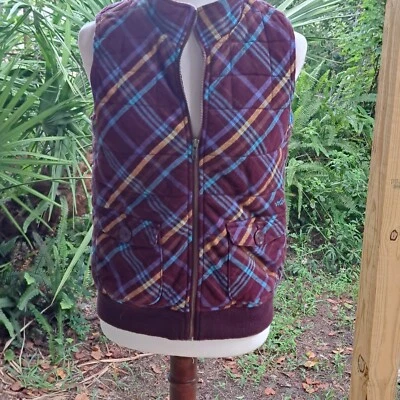 Volcom Vest Womans M Burgandy Plaid Quilted Cotton Blue Lining - Image 1 of 4