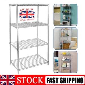 4 TIER SILVER METAL STORAGE RACK SHELVING WIRE SHELF KITCHEN SHELVES UNIT STAND - Picture 1 of 12