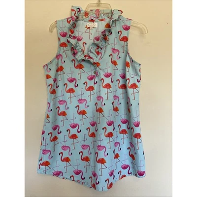 Blusa sin mangas Mud Pie azul con volantes rosa flamenco pájaro sin mangas camisa mediana Foto 1 de 4