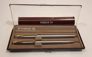 Parker 50 Stainless Steel & Gold Trim Set-:FP+BP medium USA Brand (NL 1979) Pens - Picture 1 of 11