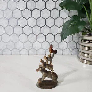 Vintage Bremen Town Musicians Enamel Rooster Cat Dog Mule Bronze Figurine - Picture 1 of 16