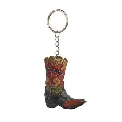 Tiny Cowboy Boot Keychain Key Ring Hand Painted Polyresin Western Style Floral - Image 1 of 4