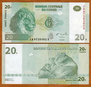 Congo D. R. 20 Francs, 2003, P-94A, UNC Lions, Obsolete Denomination - Picture 1 of 1