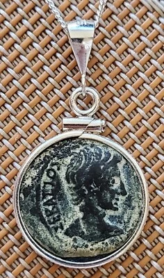 Collar de plata de ley 925 colgante moneda antigua genuina emperador romano Augusto Foto 1 de 4