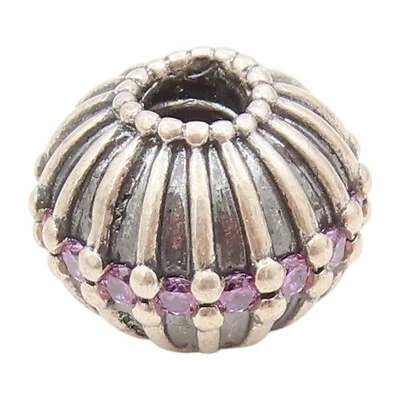 925 Sterling Silver Vintage Pendant PANDORA Amethyst Inlay Grooved Bead  PT24188 - Image 1 of 4