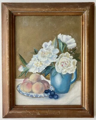 Ken Marlow Repro 15x12" Oil Painting Still Life Fruit Flowers Grapes Framed Art - Image 1 of 4