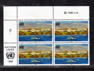 ONU 1990 Ginebra SN 183 MNH Inscripción Bloque de 4 - Edificio ONU Foto 1 de 2