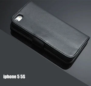 NEW Black Luxury Real Leather Flip Wallet Case Cover Pouch For Apple iPhone 5 5S - Picture 1 of 5