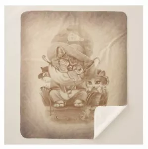Cat Family Fishing Together Sepia Cartoon Art Brown Sherpa Fleece Throw Blanket - Picture 1 of 5