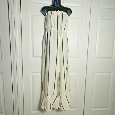 Mono Anthropologie Sancia Mujer Pequeño Beige Rayas Mezcla de Lino Pierna Ancha Abertura Foto 1 de 4