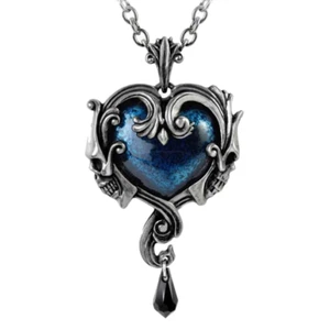 ALCHEMY AFFAIRE DU COEUR SKULL HEART PENDANT Blue Gothic Pewter + VELVET POUCH - Picture 1 of 2