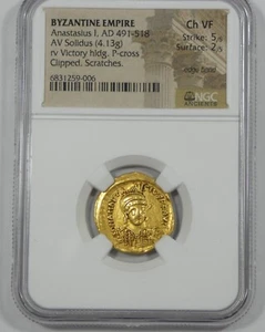 Impero Bizantino Anastasio ORO Solidus AD 491-518 NGC Antichi Ch VF 5/5 2/5 - Foto 1 di 4