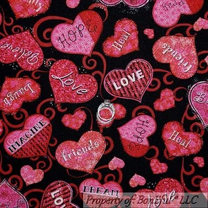 BonEful Fabric Cotton Quilt Black Red Pink Love Heart Flower Swirl Scroll SCRAP - Picture 1 of 11