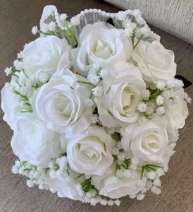 Bridal Wedding Artificial Bouquet. White Roses & gypsophila. Frill Holder, NEW. - Picture 1 of 14