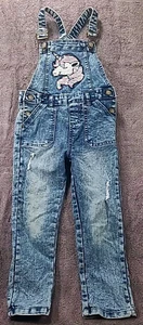 Girls Denim Overalls Distressed Sequins Unicorn Size 6 Acid Wash Jeans - Picture 1 of 4