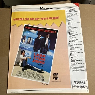 Original 13 By 11” Less Than Zero Robert Downey Jr 1988 Movie Ad FLYER - Image 1 of 2