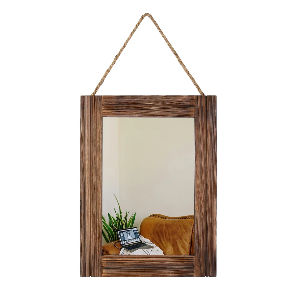 16 X 12 Inch Rustic Wood Framed Wall Mirror With Hanging Rope for Farmhouse