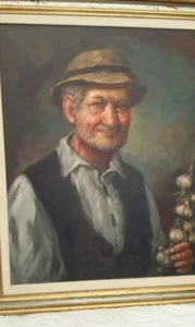 VINTAGE SIGNIERTES ORIGINAL ÖLGEMÄLDE ~ 19" x 23' PORTRÄT EINES MANNES MIT KNOBLAUCH - Bild 1 von 9