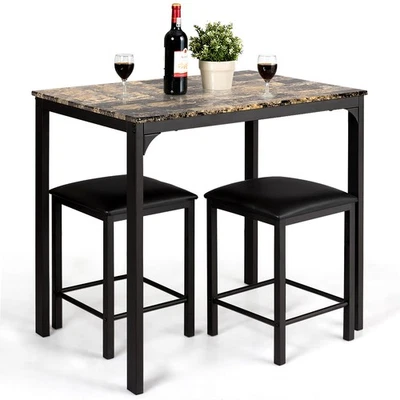3 PCS Counter Height Dining Set Faux Marble Table 2 Chairs Kitchen Bar Furniture - Image 1 of 4