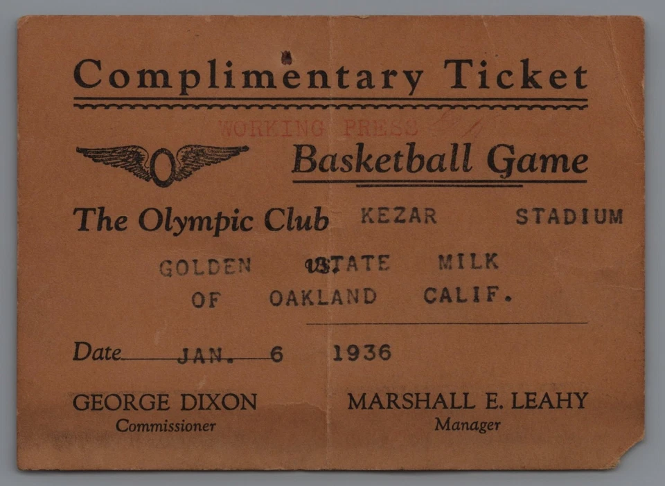 1936 Ticket Press Pass USF Basketball Game Golden State Milk of Oakland CA 1B - Image 1 of 2