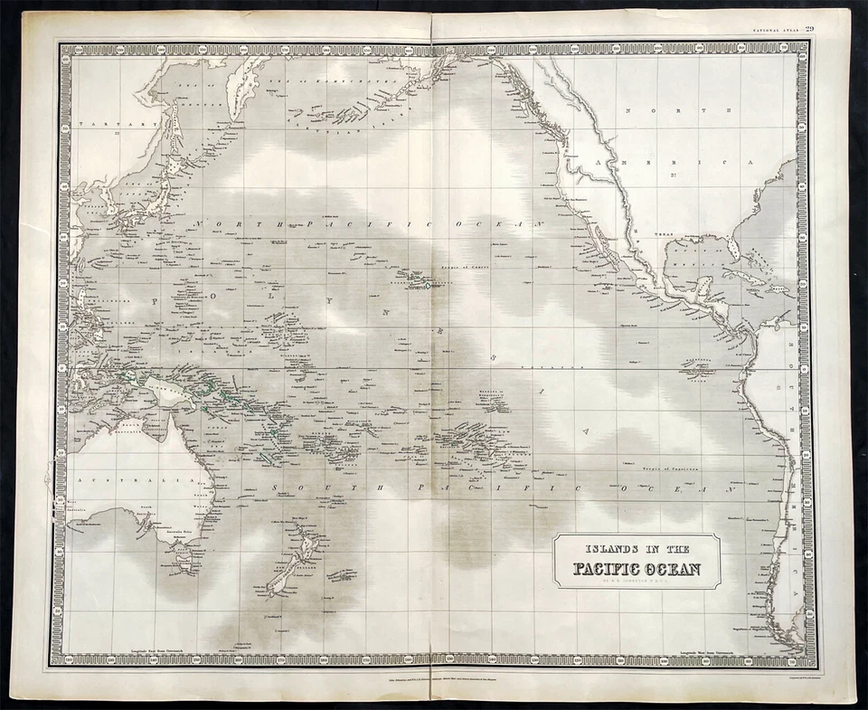 1845 W A & K Johnston Grande Mapa Antigo do Pacífico Austrália NZ EUA (70067) - Imagem 1 de 3