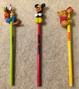 Vintage Disney Wooden Pencils with Toppers Lot of 3 Mickey Mouse Goofy Pooh Bear - Picture 1 of 12