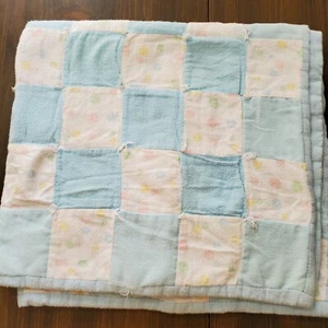 Vintage Baby Quilt Doll Blanket Pieced Flannel Squares Tied Blue 31x30" Flaws - Picture 1 of 13