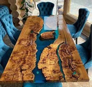 Centro de comedor de resina epoxi azul inspirado en River superior losa de lujo pedido con soporte - Imagen 1 de 12