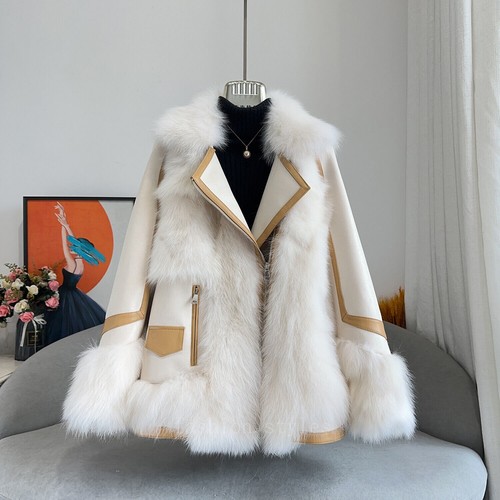 OFF WHITE Parka pelliccia vera volpe scamosciata piumino donna medio lungo moto moda pelliccia giacca calda