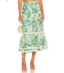 Alexis Galli Midi Skirt M Linen Cotton Sage Ivory Straw Raffia Hem Ruffle $473 - Picture 1 of 10