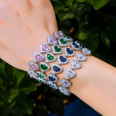 Luxury Silver Plated Cubic Zirconia Heart Chain Tennis Bracelet for Women Bridal Foto 1 de 4