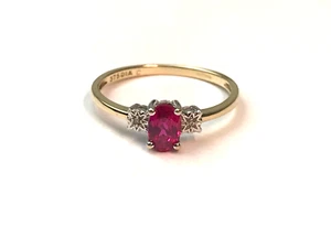 Synthetic Ruby and Diamond Ring 9ct Gold Ruby and Diamond Trilogy Ring - Size P - Picture 1 of 13