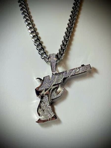 Mens Iced 8mm Miami Cuban Chain Hand Gun Pistola Silver CZ VVS Ice out Pendant - Picture 1 of 9