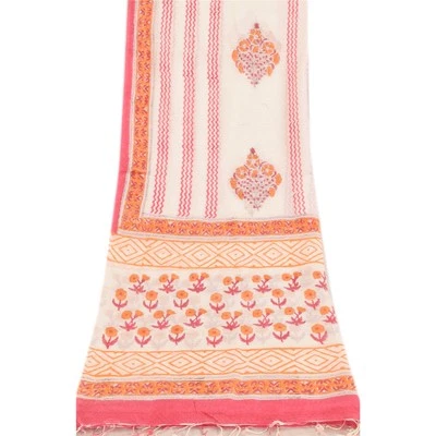 Velo bufandas de algodón con estampado de bloques de mano de estola larga Dupatta blanca vintage sanskriti Foto 1 de 4
