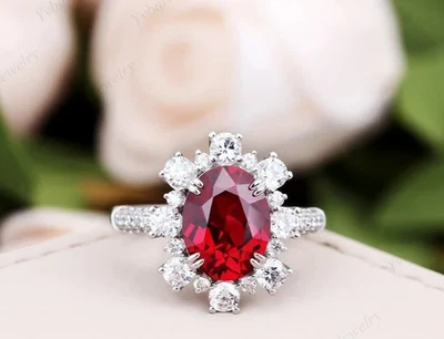 2.90Ct Oval Cut Natural Red Ruby Diamond Wedding  Ring 14K Solid White Gold 8 - Image 1 of 4