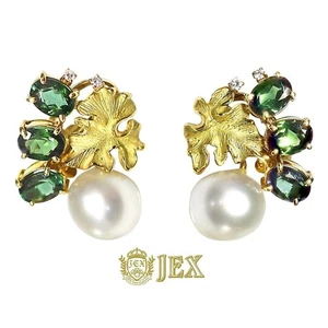 Orecchini perle dei mari del sud 18 kt 10,5 mm tormalina verde diamante foglia oro giallo - Foto 1 di 8