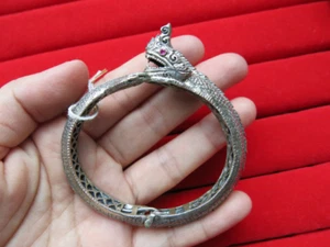Dragon Naga Bangle Bracelet - 925 Sterling silver Silver with Pink Ruby Eyes - Picture 1 of 10