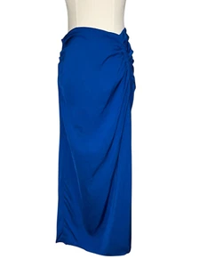 ZARA Women’s Medium Ruched Midi Skirt Blue Satin Slit - Picture 1 of 8