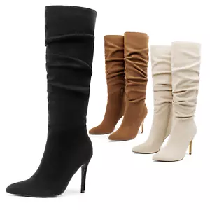 Knee High Boots for Women Pointed Toe Stiletto High Heel Slouchy Suede Boots - Picture 1 of 23