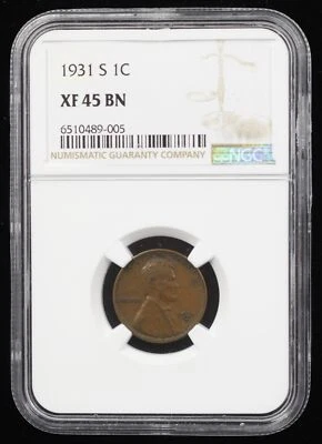 1931-S LINCOLN WHEAT CENT 1C NGC XF45BN (89005FC) - Image 1 of 2