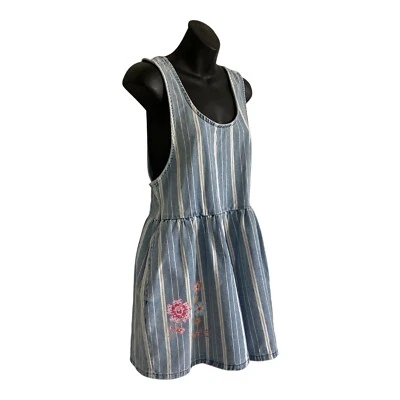 Billabong Denim Playsuit Cabo Capri Wmn Sz 8 Overall ZipBack Pockets Blue Stripe - image 1 of 4